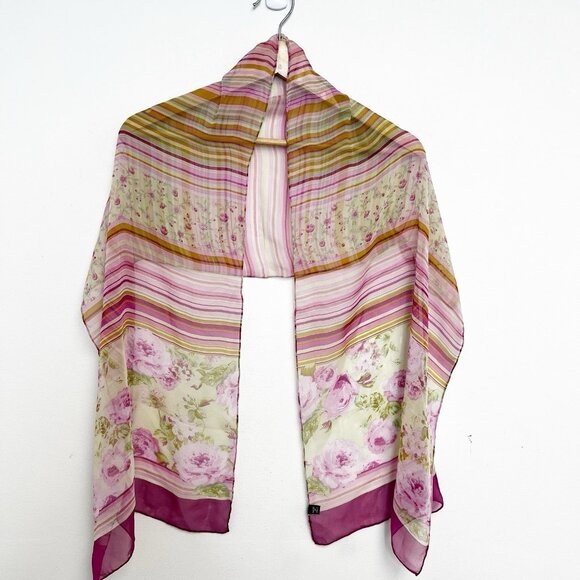 Unbranded Accessories - Italy Made Floral Roses Striped Pink Silk Scarf